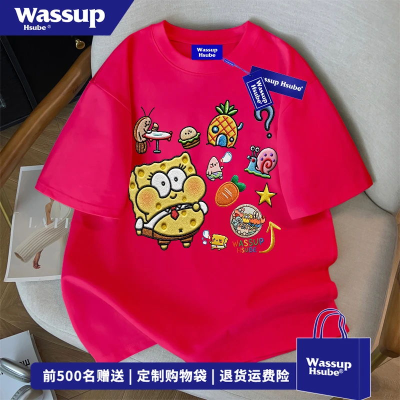 WASSUP HSUBE夏季海绵宝宝印花短袖男潮流卡通动漫仿刺绣T恤上衣