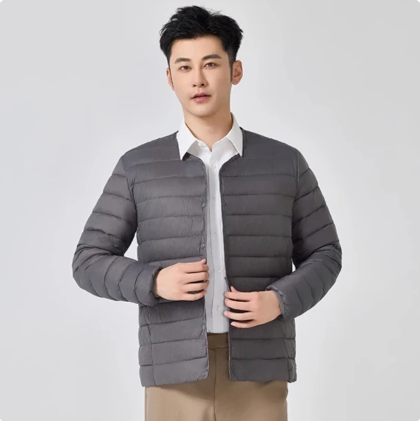 2025秋冬新款男士轻薄棉服纯色保暖内胆圆领V领外套百搭休闲棉袄