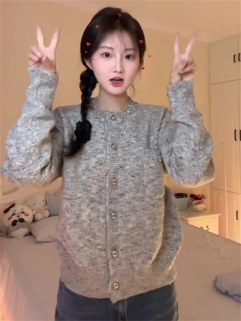 重工纽扣开衫毛衣针织衫女款秋季新款高级感别致小衫百搭短款外套