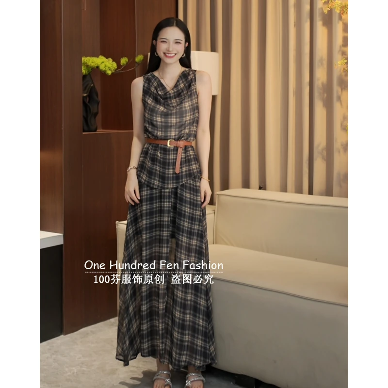 2025夏季复古v领格子吊带背心上衣套装女气质高腰中长款A字半身裙