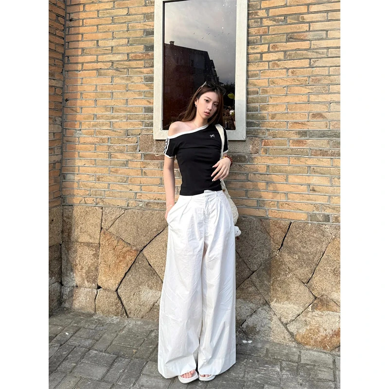 美式甜辣妹撞色斜肩短袖T恤女白色西装阔腿裤夏季高级感垂感薄款