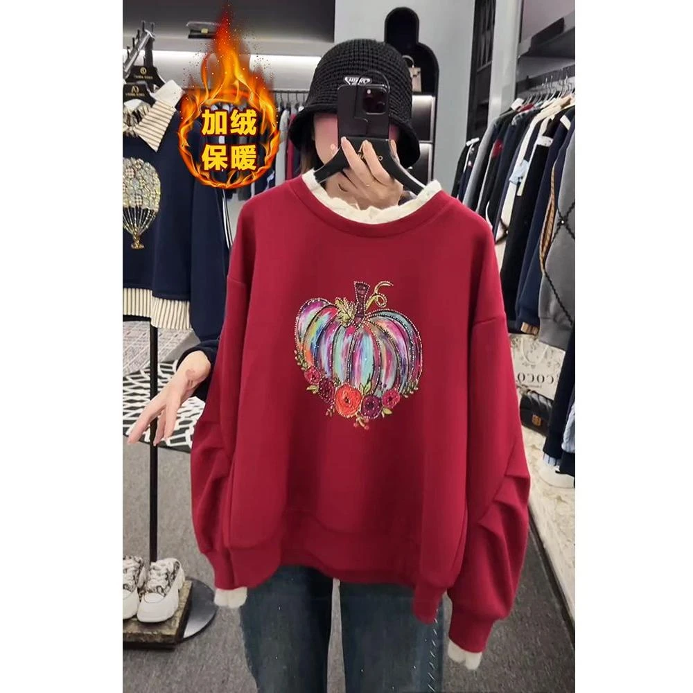 新年战袍红色烫钻蕾丝拼接加绒长袖卫衣女2025春季新款轻奢上衣女