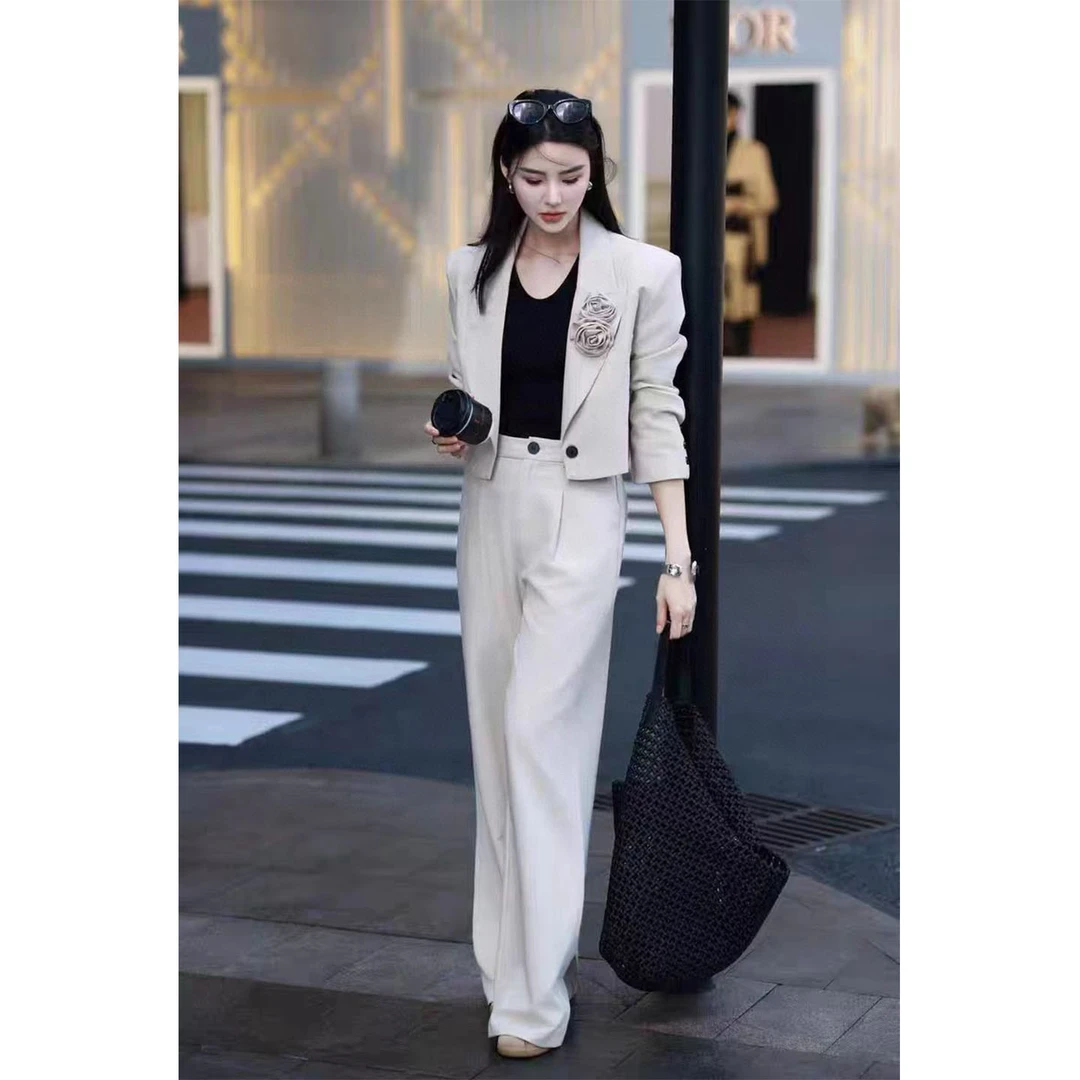 休闲套装女装欧美风显瘦百搭时尚气质法式订花短西装阔腿裤两件套