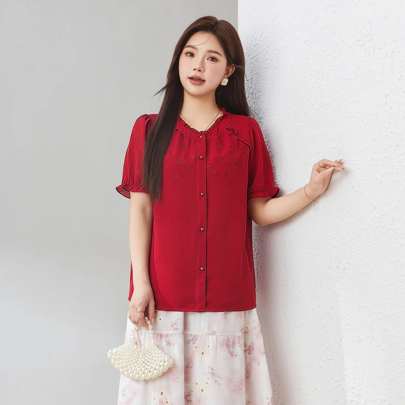 采多宝大码女装木耳领设计小众刺绣雪纺小衫 EXA2985