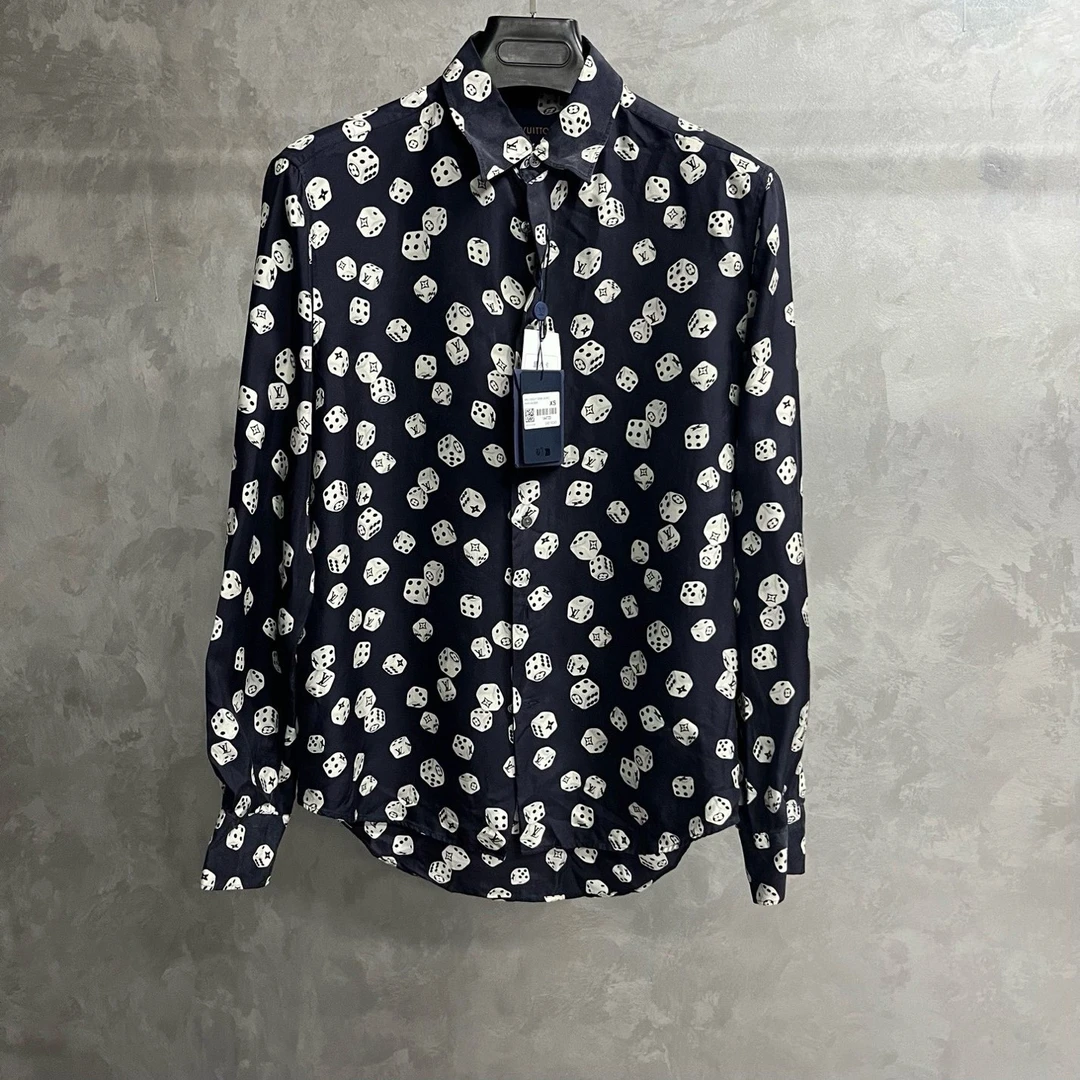 99新 LouisVuitton/路易威登 蓝色桑蚕丝图案印花翻领长袖衬衫/xs