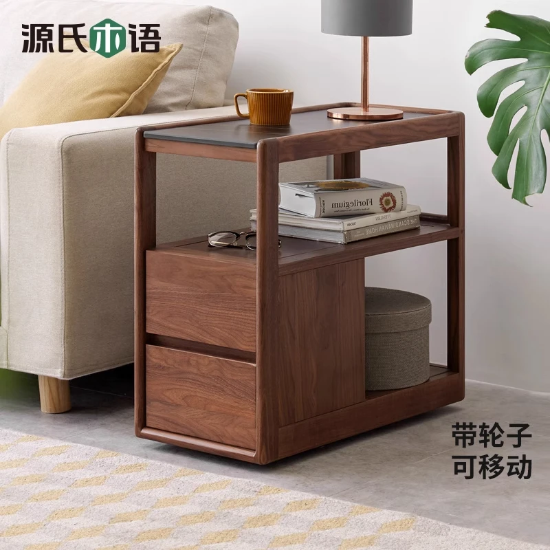 源氏木语实木沙发边柜黑胡桃木岩板可移动角几-K99J03