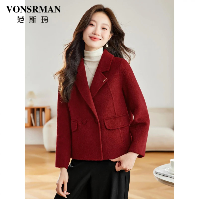 VONSRMAN西装领毛呢外套女2025冬季新款时尚休闲宽松显瘦高端呢子