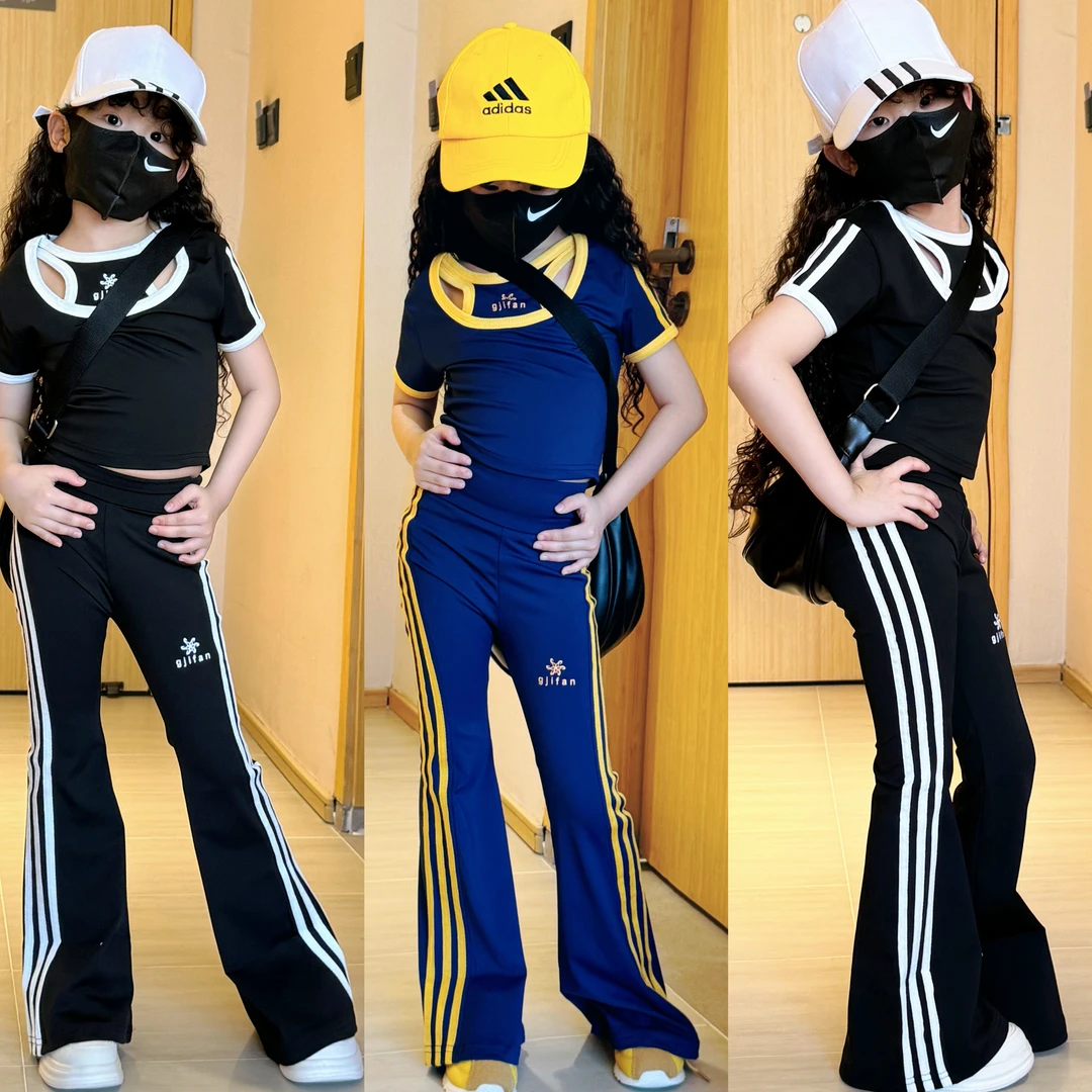 女童童装镂空织带套装2025中大童洋气修身条纹短袖喇叭裤两件套潮