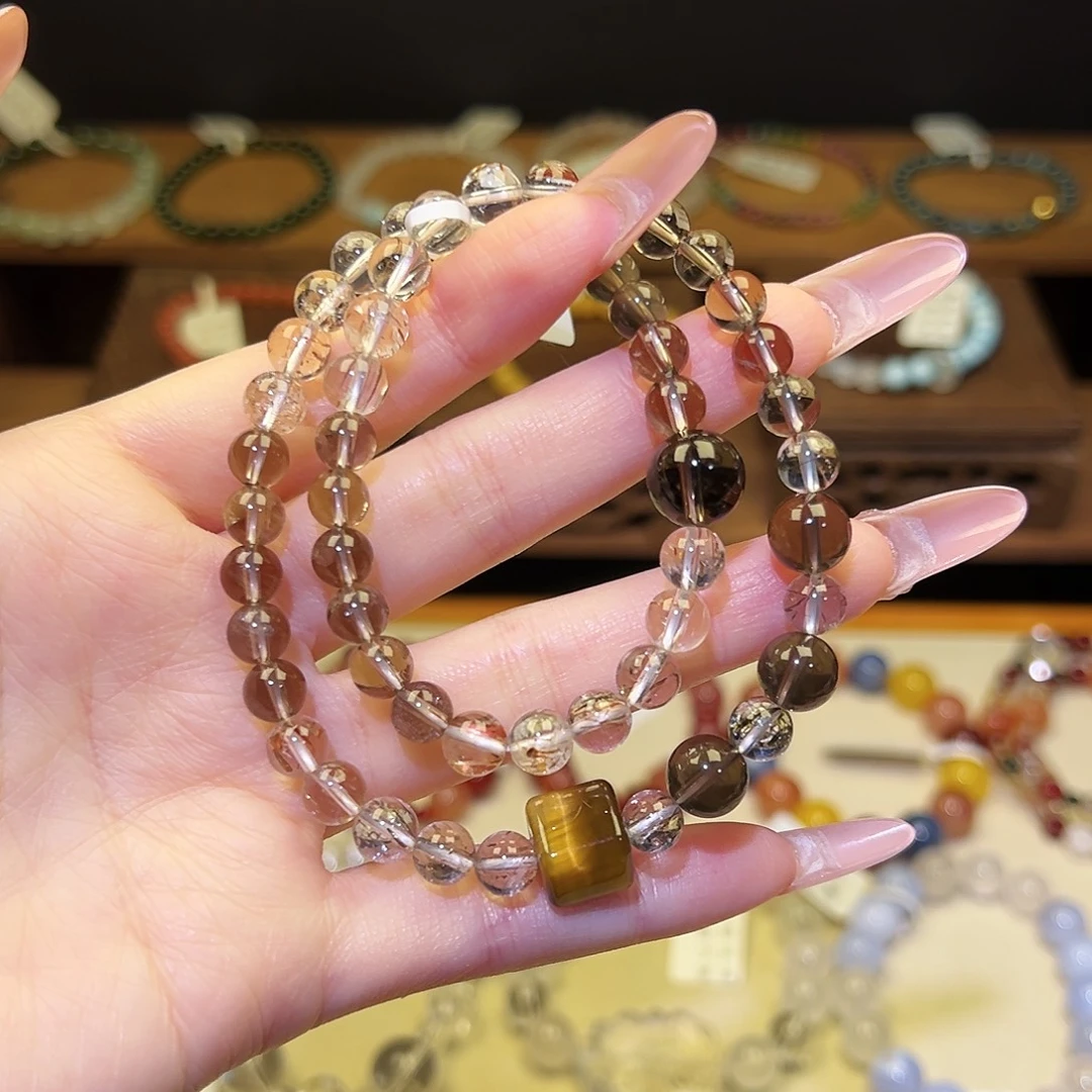 水晶手串银S925镀金镶嵌茶1532