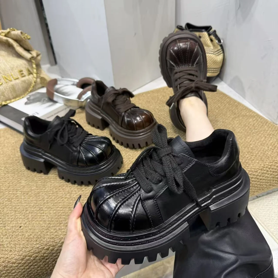 广州欧货【南瓜】真皮8cm系带时尚英伦风厚底洋气轻奢乐福鞋