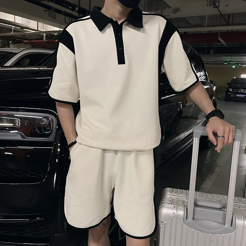 高级感穿搭短袖POLO衫短裤一套装男士夏季2025新款美式拼接两件套