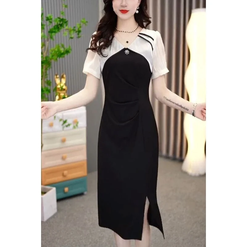 2025夏季新款时尚法式短袖连衣裙气质收腰显瘦设计感雪纺拼接裙子