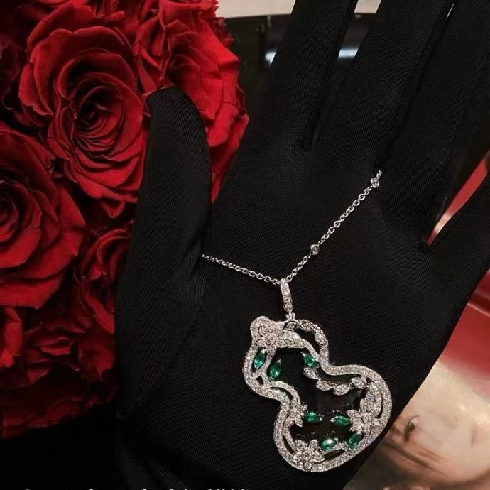 坠链均925银合成锆石 925银合成锆石项链国风福禄葫芦轻奢绿色