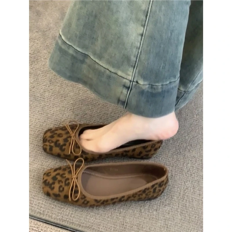 牛皮版~真皮法式复古蝴蝶结豹纹浅口芭蕾单鞋女一蹬奶奶鞋瓢鞋XF