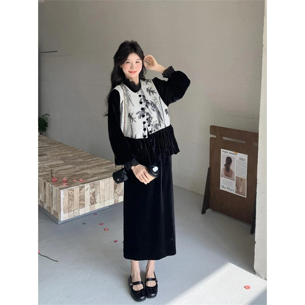 新中式国风金丝绒马甲套装裙女春秋连衣裙三件套爆款超火绝美设计