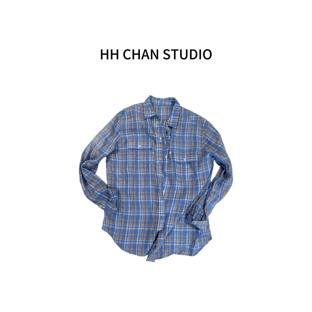 HH.CHAN“英伦随性”100%亚麻色织工艺英伦黄蓝格子衬衫HH53F37034