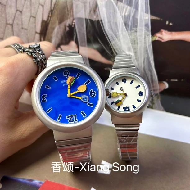 【汉堡】美式复古精钢小众趣味简约中性气质蓝色白色防水手表52/53