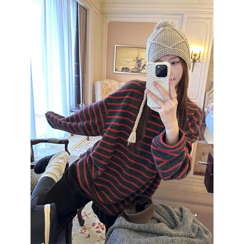 红黑撞色条纹慵懒风毛绒长袖t恤女冬季宽松中长款松弛感内搭上衣