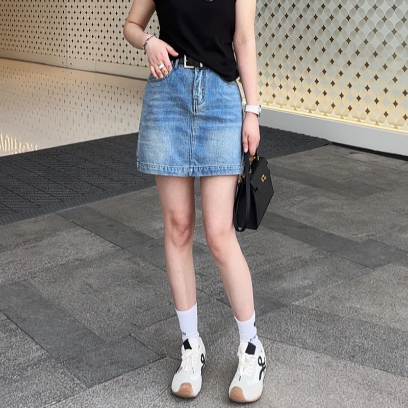 夏季设计感半身裙中腰短裙薄款A字包臀裙牛仔短裤裙