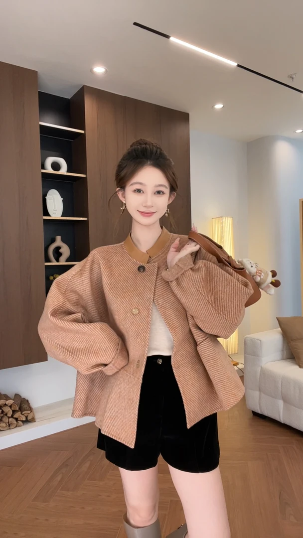 <k Mini>【西西里日落】大牌高定 拼皮领 混纺斜纹 羊毛短款外套