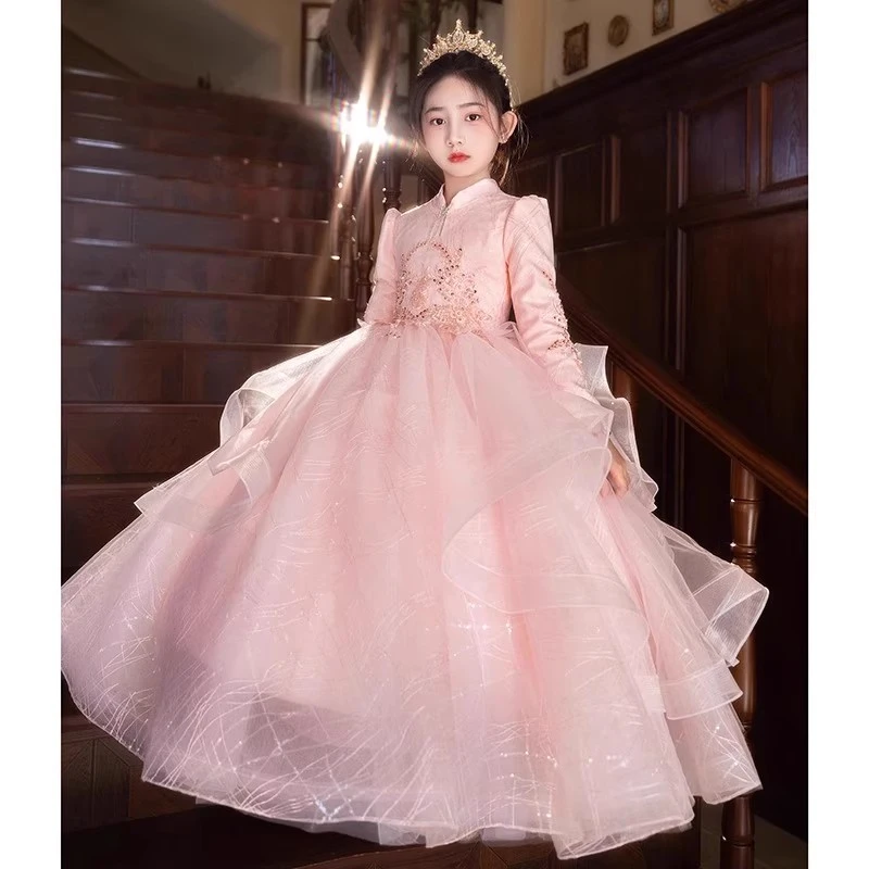 绝美女童礼服裙春秋长袖花童婚礼小女孩生日公主裙主持人童模走秀