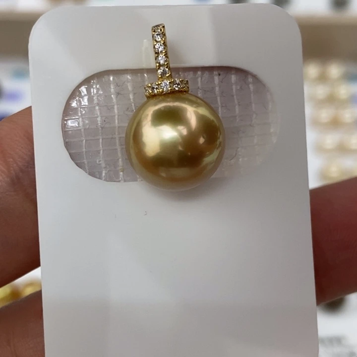 银S925镶嵌吊坠海水珍珠12.2mm正圆浓金极强光吊坠