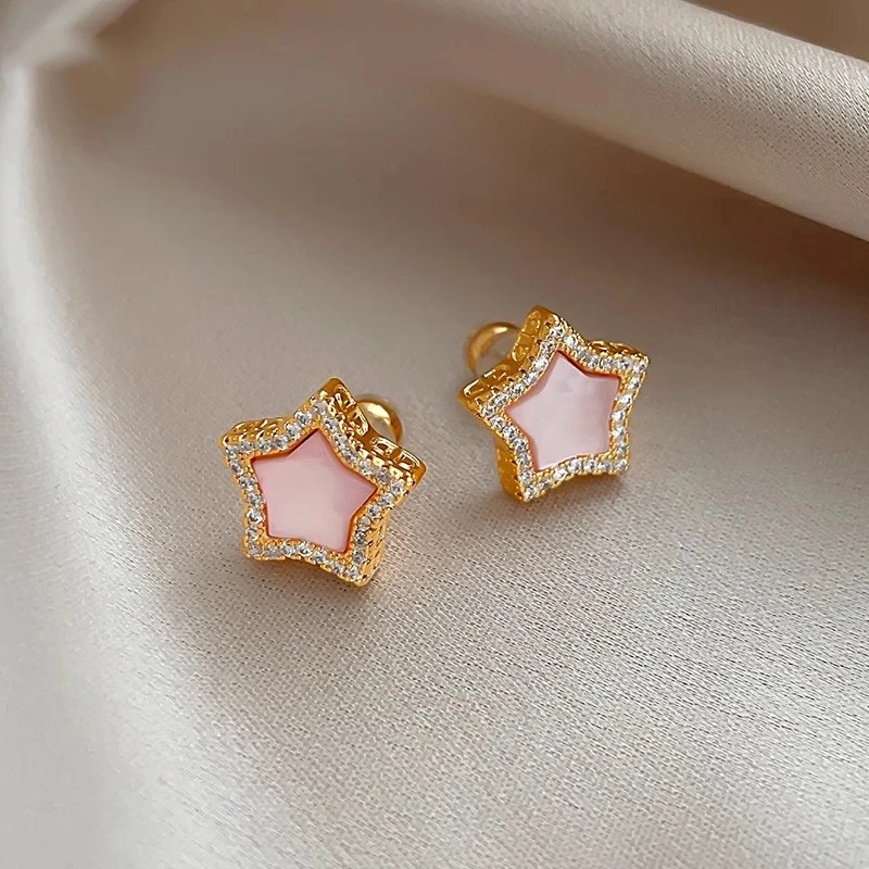 铜合金耳饰 微镶满锆粉色五角星耳钉女温柔百搭气质耳环 轻奢耳饰