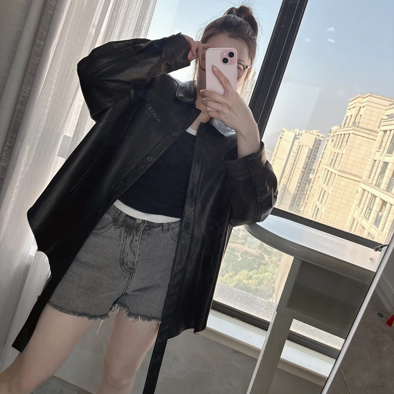 出口韩单春季全植鞣绵羊皮超薄女中长衬衫款真皮外套516