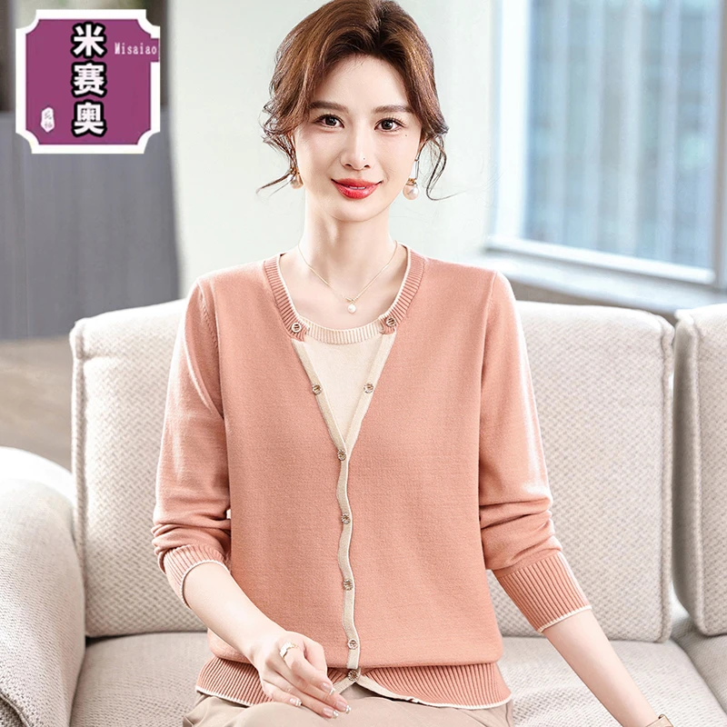 妈妈春秋假两件毛衣新款春装针织衫时尚上衣中老年女装洋气打底衫