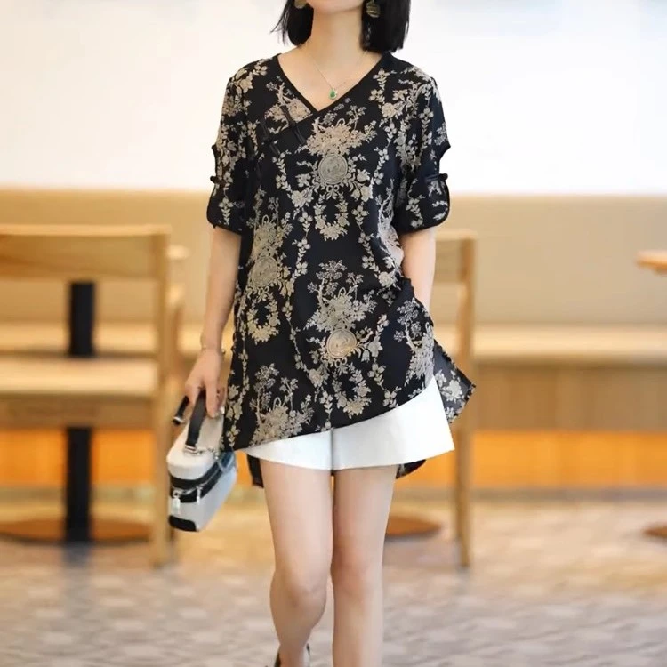 中式复古桑蚕丝衬衫女2025夏季新款宽松设计盘扣不规则印花小衫