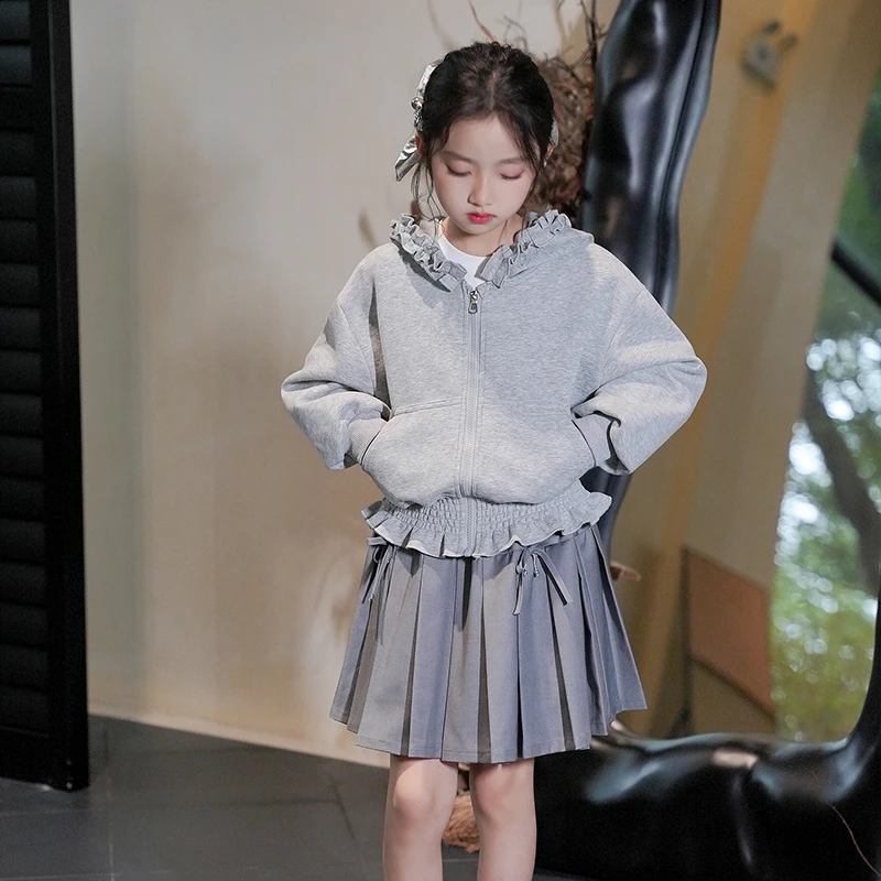 0769650女童韩系花边连帽外套秋季2025新款儿童卫衣开衫收腰上衣