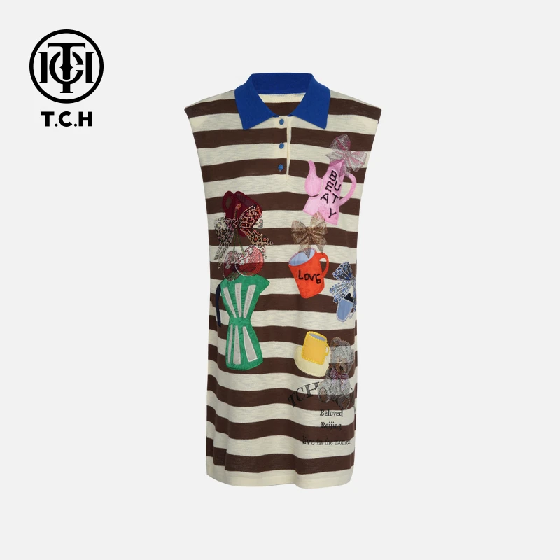 TCH烫钻工艺时尚休闲百搭气质连衣裙女T75B30E5109轻奢拼色撞色夏