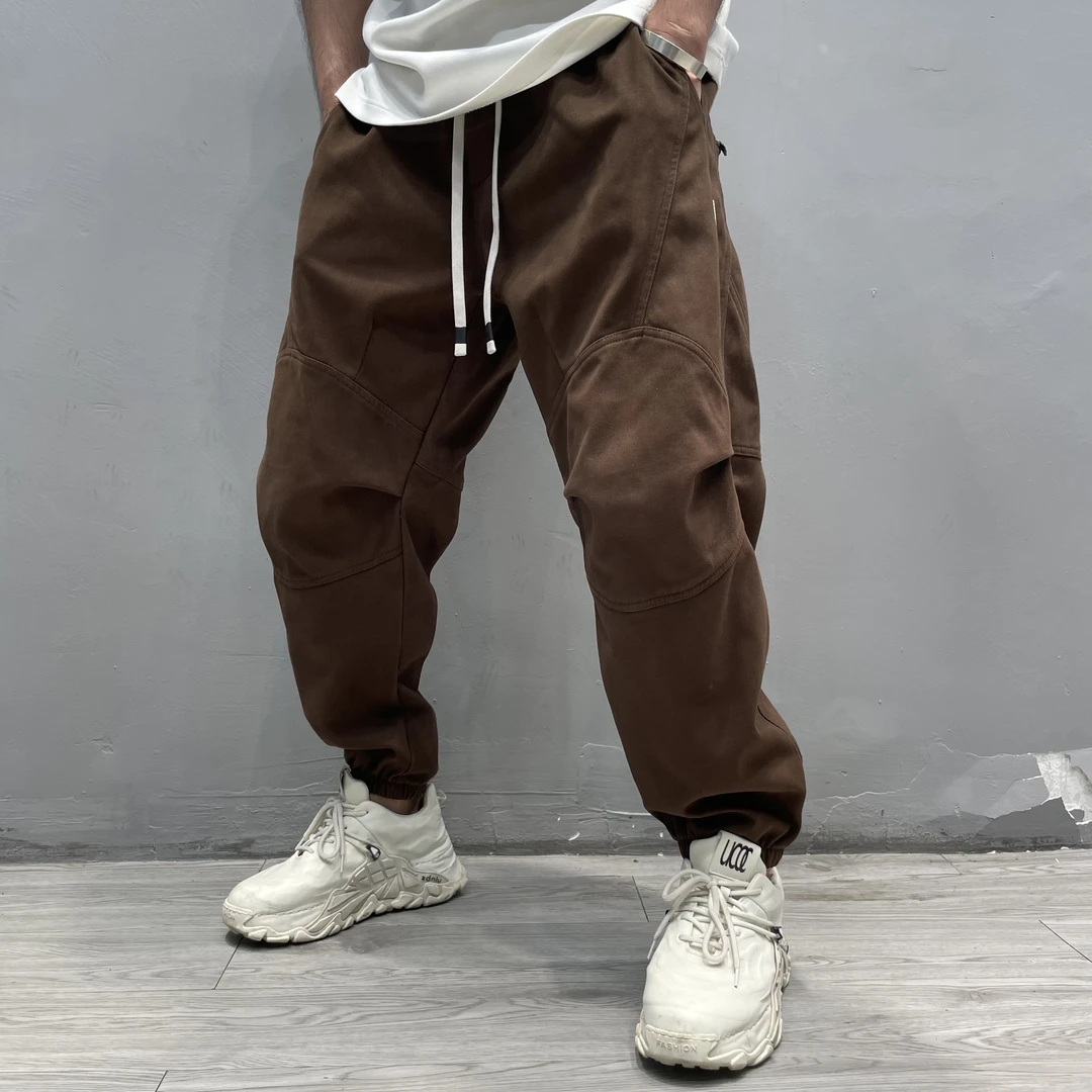 901-咖冬季新款高智淡人风拼接立体剪裁束脚工装裤大口袋休闲裤