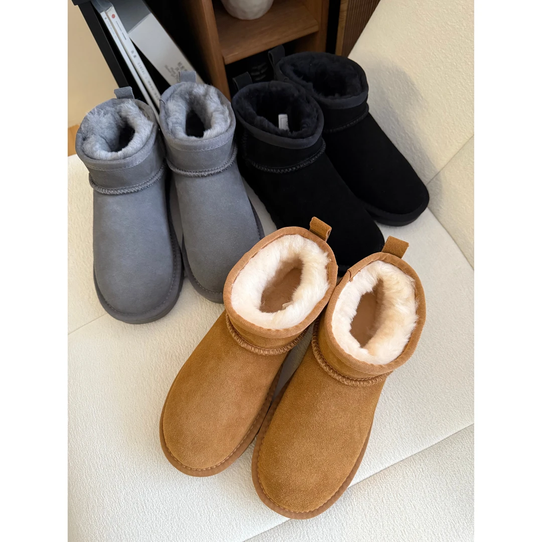 miss muzi “冬日精灵”100%头层牛反绒&真羊毛~加绒平底毛毛雪地靴