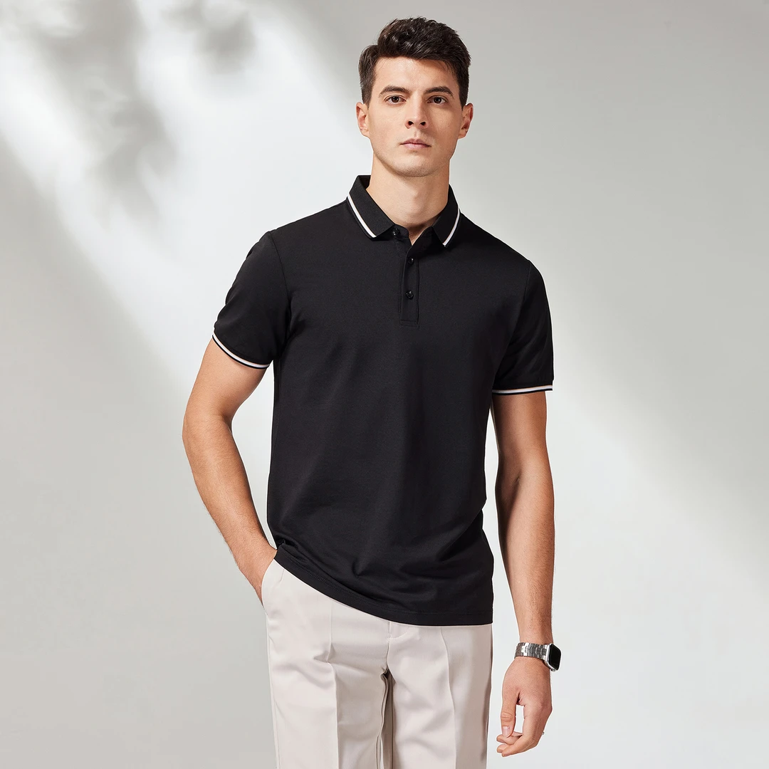 蚕丝莱赛尔混纺春夏季男士翻领短袖T恤男纯色丝光Polo保罗衫