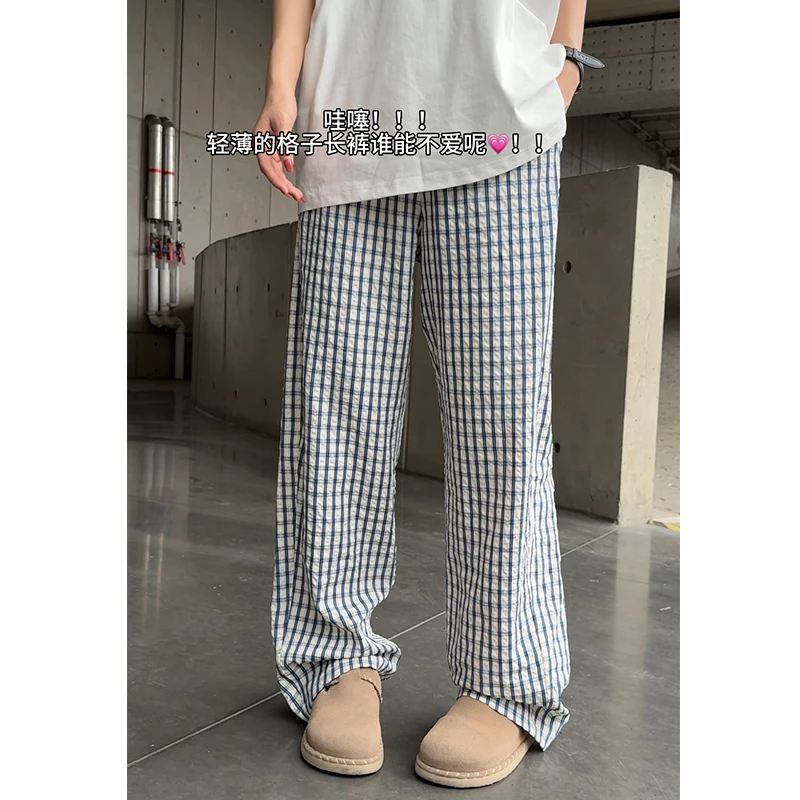 美式潮流蓝色格纹夏季薄款格子休闲裤阔腿裤男生裤子高街穿搭