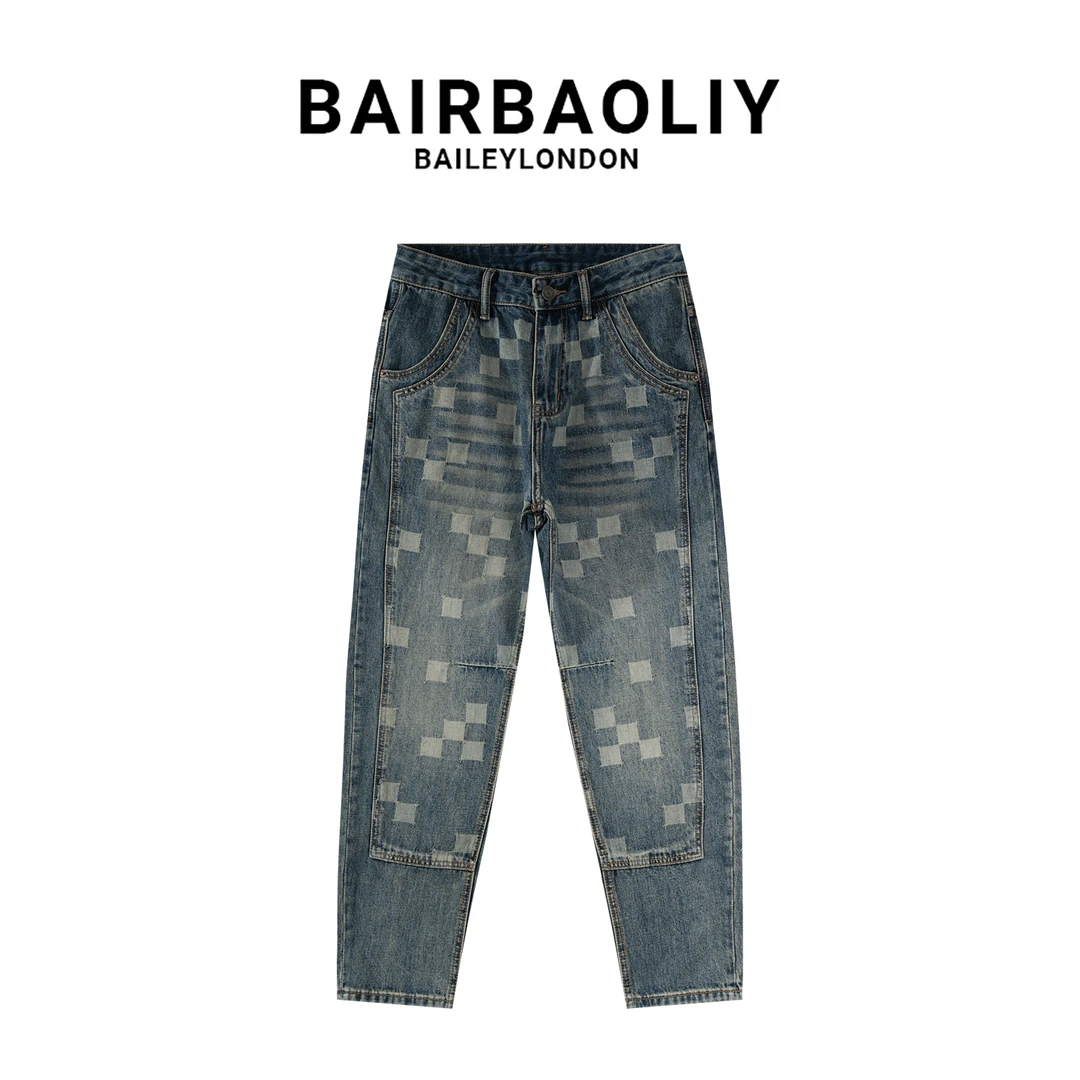 BAIRBAOLIY美式潮牌牛仔裤男士立体拼接设计感棋盘格锥形小脚长裤
