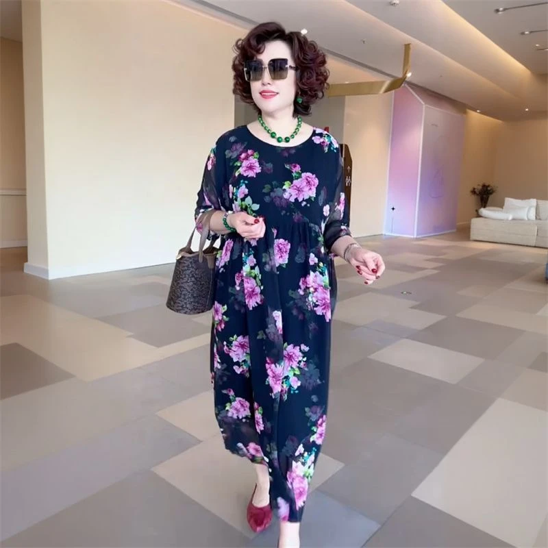 欧货夏季妈妈装碎花乔其纱连衣裙时尚气质宽松遮肉大码长款沙滩裙