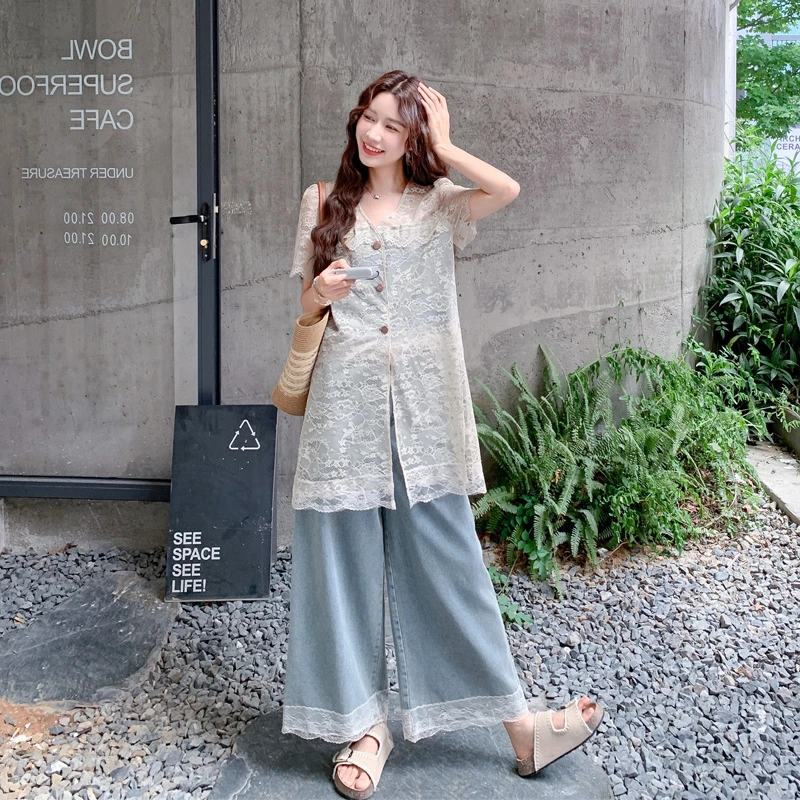 镂空蕾丝马甲罩衫阔腿裤套装2025夏季新款复古轻奢松弛感两件套潮