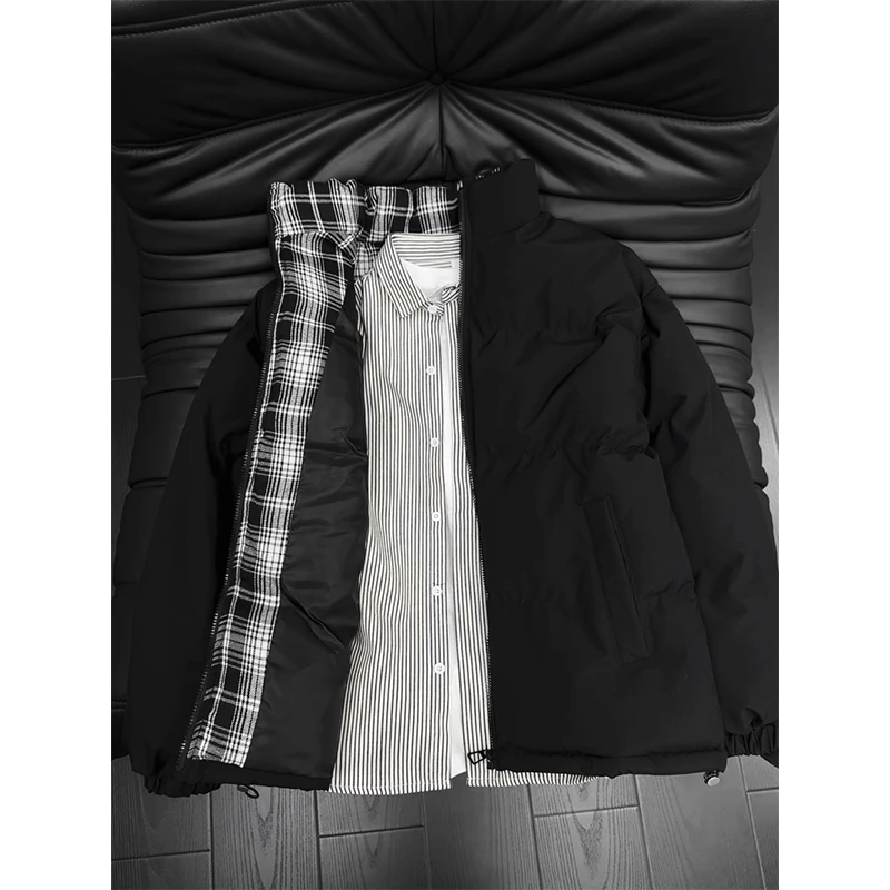 格子拼接短款棉服男女冬季保暖加厚立领面包服情侣装棉袄外套棉衣