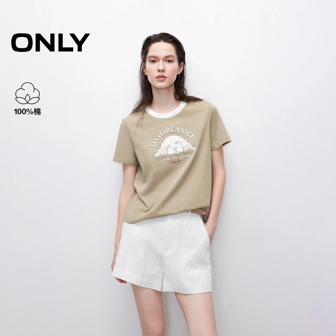 ONLY夏季正肩圆领短袖T恤女洋气慵懒风女装休闲设计感|125301005