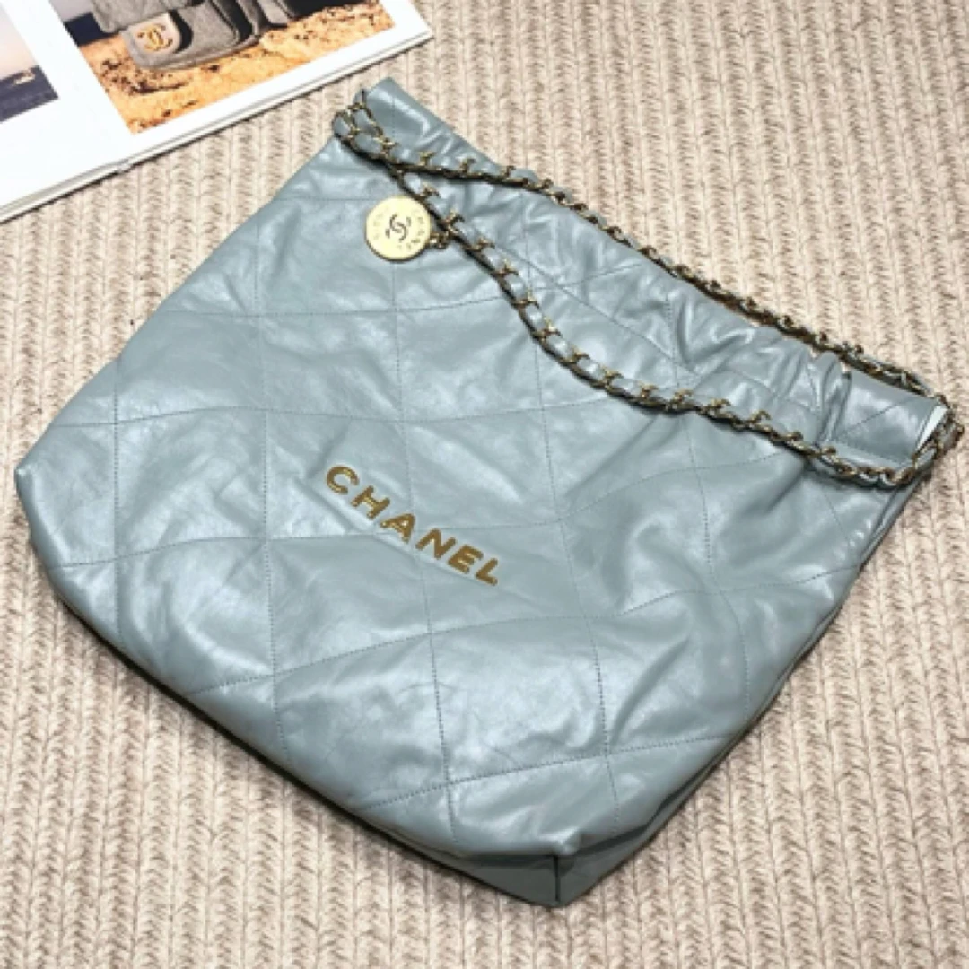99新 Chanel/香奈儿 23C 灰蓝色金扣牛皮22bag 中号单肩包