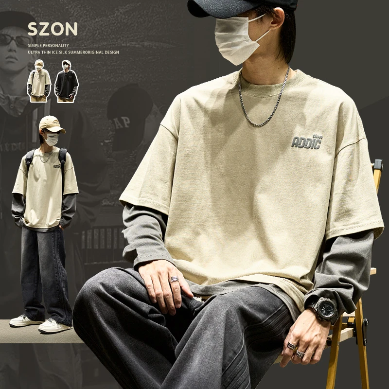 长袖t恤男原创秋冬美式复古撞色字母打底衫宽松纯棉ins假两件卫衣