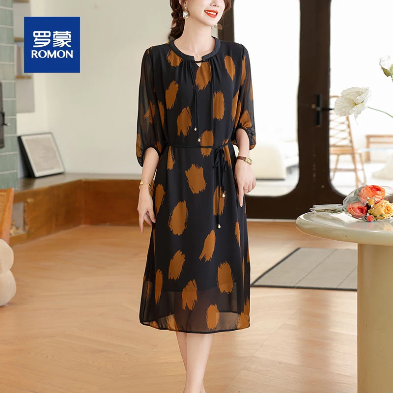 罗蒙40岁50妈妈夏装雪纺连衣裙新款中老年女装洋气薄纱印花中长裙