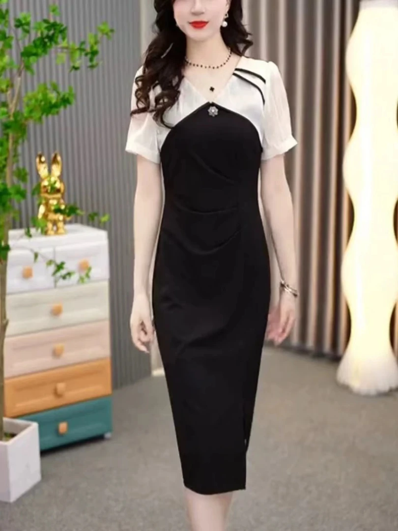 【SY266】时尚法式短袖连衣裙女2025夏季新款气质收腰显瘦过膝裙子