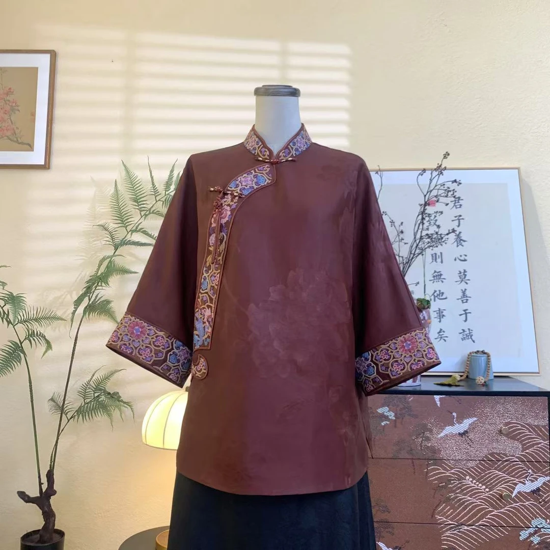 知羽.香云【丝绣江南】桑蚕丝香云纱提花罗复古文艺立领上衣ZY1192