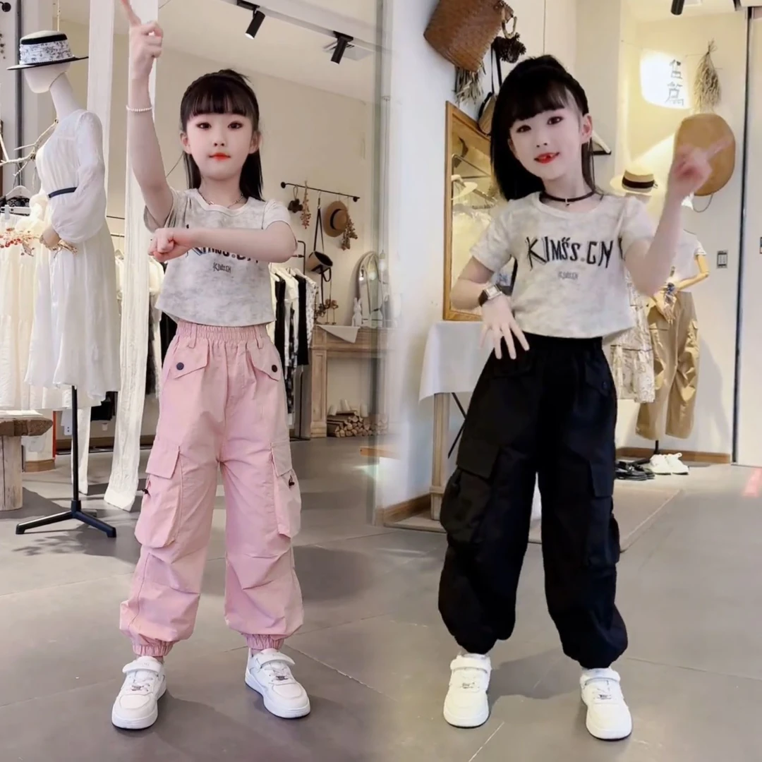 女童新款时尚短袖T恤2024韩版洋气童装夏季薄款工装裤套装