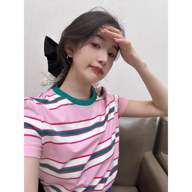 GIRDEAR/哥弟「樱花心情」半袖条纹圆领撞色显瘦百搭T恤夏季130134