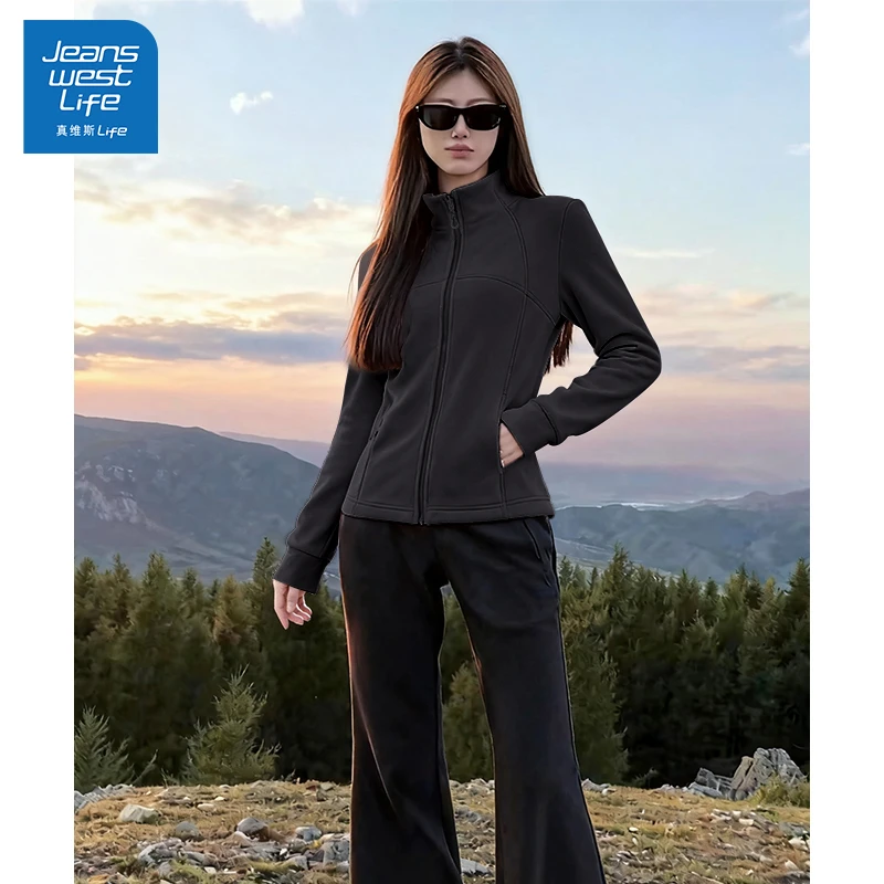 真维斯无界黑色立领双面绒修身外套韩系ins明线装饰洋气显瘦外套