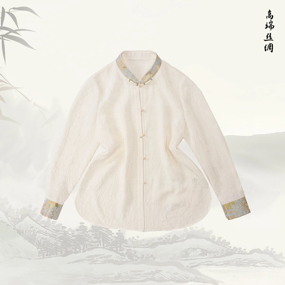 品牌新款桑蚕丝长袖圆领显瘦气质排扣上衣529166